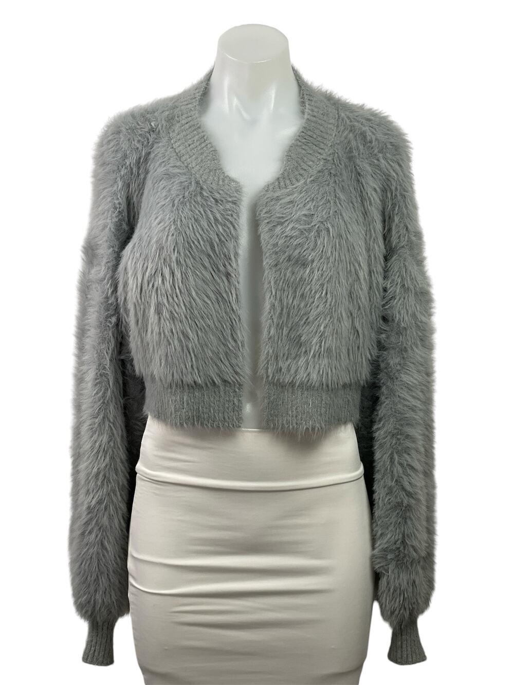 FRNCH Women's Gray Faux Fur Fuzzy Long Sleeve Cropped Open Cardigan Sweater OS